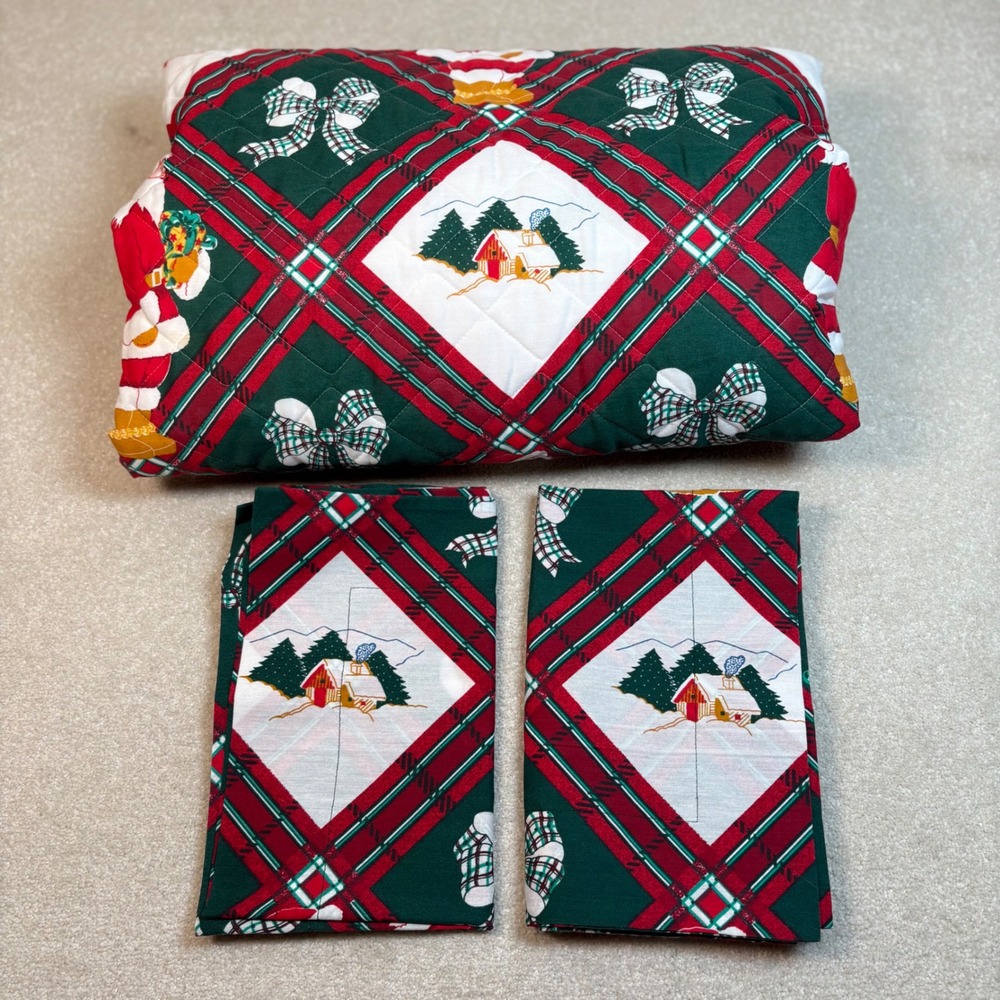 Vtg Dan River Quilt Bed Spread Shams Christmas Santa Reversible Full Green Red